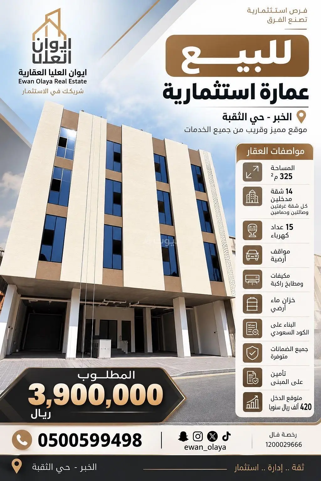 عمارة سكنية استثمارية جديدة للبيع — شارع الطائف، الثقبة في الثقبة — 3,900,000 ريال — 325.58 م²